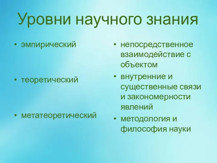 Уровни научного знания эмпирический теоретический метатеоретический непосредственное взаимодействие с объектом