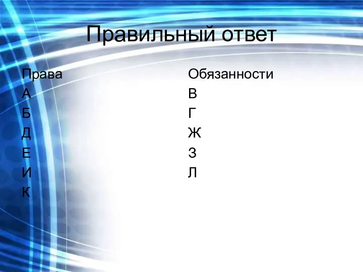 Правильный ответ Права А Б Д Е И К Обязанности В Г Ж З Л