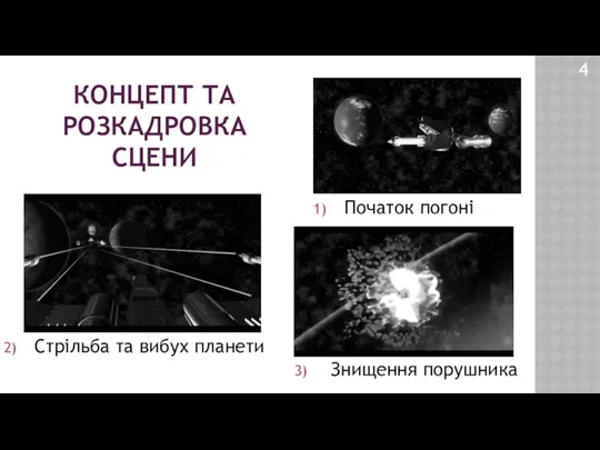 КОНЦЕПТ ТА РОЗКАДРОВКА СЦЕНИ Початок погоні Стрільба та вибух планети Знищення порушника 4