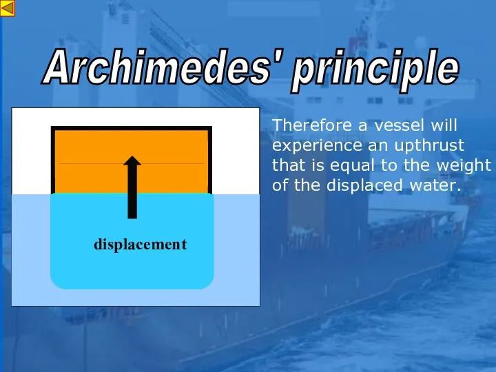Therefore a vessel will experience an upthrust that is equal to the weight