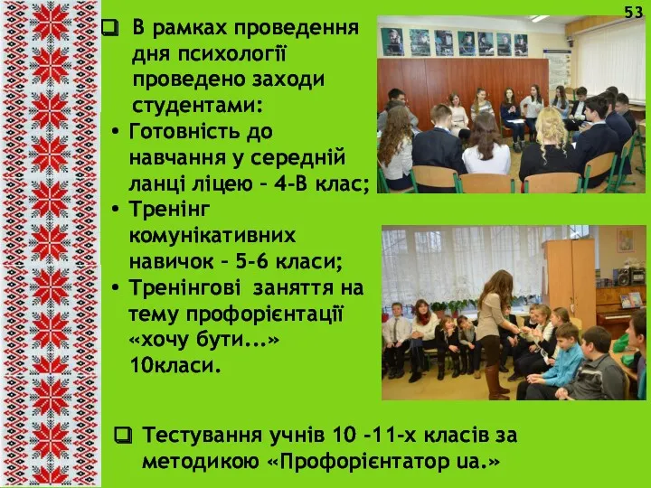 В рамках проведення дня психології проведено заходи студентами: Готовність до