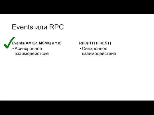 Events или RPC Events(AMQP, MSMQ и т.п) Асинхронное взаимодействие RPC(HTTP REST) Синхронное взаимодействие