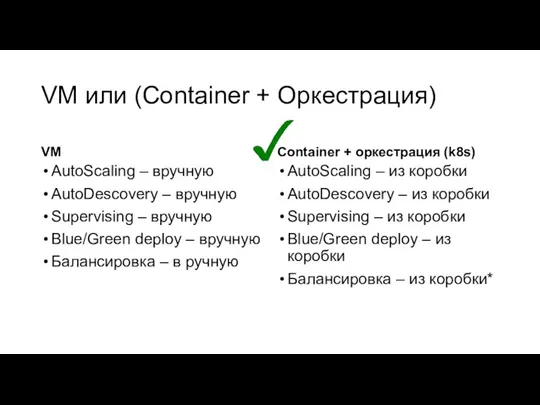 VM или (Container + Оркестрация) VM AutoScaling – вручную AutoDescovery