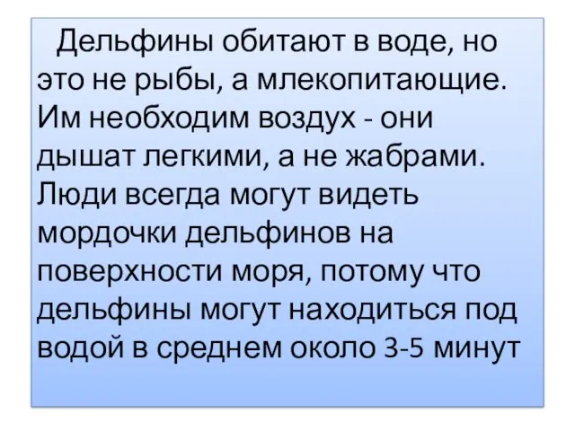 Дельфины обитают в воде, но это не рыбы, а млекопитающие.