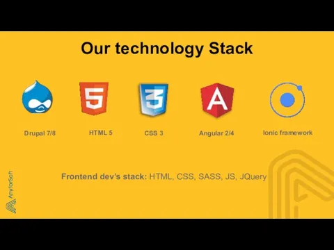 Our technology Stack Angular 2/4 Frontend dev’s stack: HTML, CSS, SASS, JS, JQuery