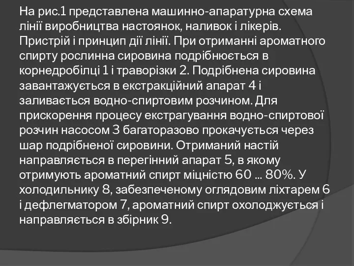 На рис.1 представлена ​​машинно-апаратурна схема лінії виробництва настоянок, наливок і