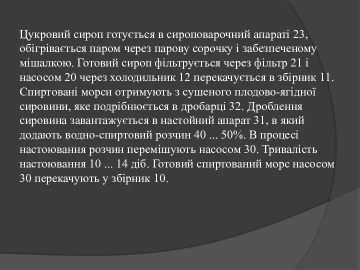 Цукровий сироп готується в сироповарочний апараті 23, обігрівається паром через