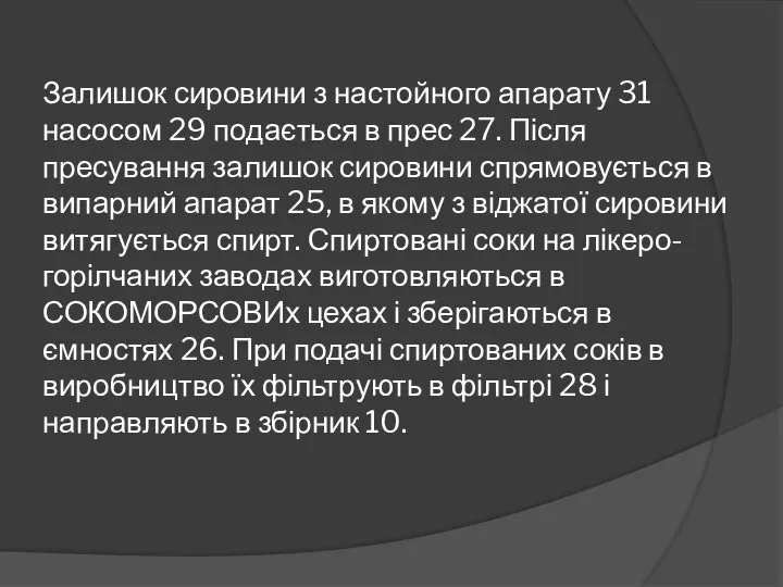 Залишок сировини з настойного апарату 31 насосом 29 подається в