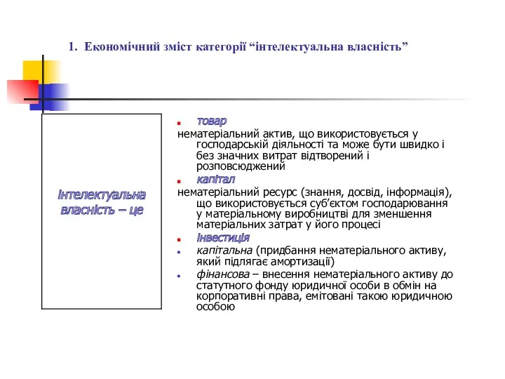 1. Економічний зміст категорії “інтелектуальна власність” товар нематеріальний актив, що