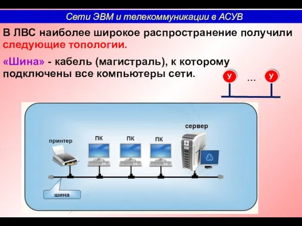 В ЛВС наиболее широкое распространение получили следующие топологии. «Шина» -