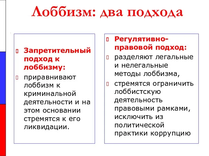 Лоббизм: два подхода Запретительный подход к лоббизму: приравнивают лоббизм к