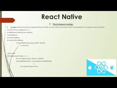 React Native Find element testing Example to find element in