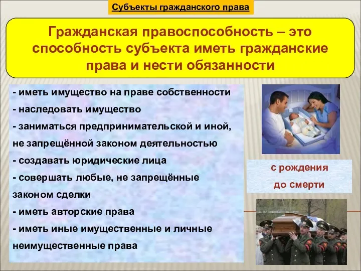 Субъекты гражданского права Гражданская правоспособность – это способность субъекта иметь