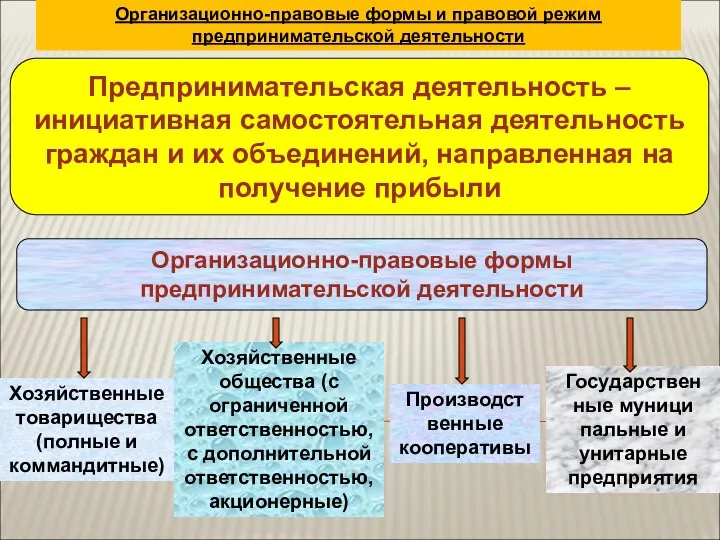 Организационно-правовые формы и правовой режим предпринимательской деятельности Предпринимательская деятельность –