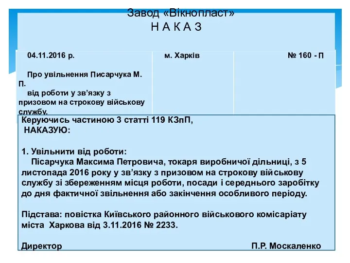 Завод «Вікнопласт» Н А К А З Керуючись частиною 3