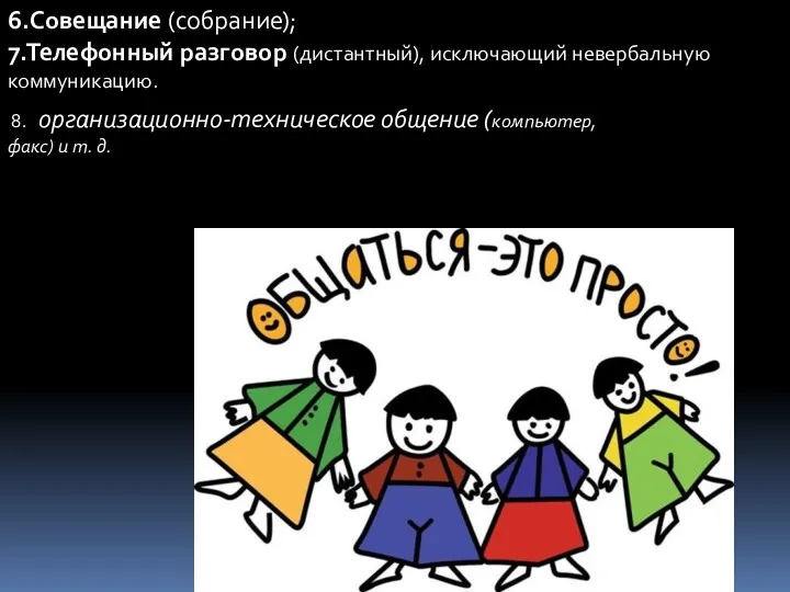 6.Совещание (собрание); 7.Телефонный разговор (дистантный), исключающий невербальную коммуникацию. 8. организационно-техническое общение (компьютер, факс) и т. д.