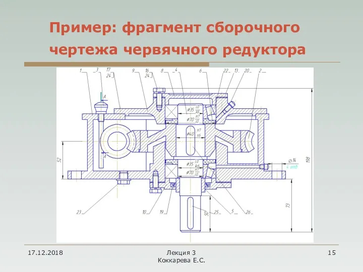 17.12.2018 Лекция 3 Коккарева Е.С. Пример: фрагмент сборочного чертежа червячного редуктора