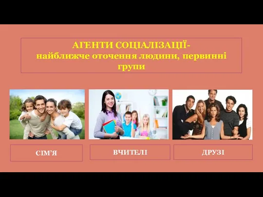 АГЕНТИ СОЦІАЛІЗАЦІЇ- найближче оточення людини, первинні групи СІМ’Я ВЧИТЕЛІ ДРУЗІ