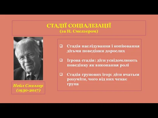 СТАДІЇ СОЦІАЛІЗАЦІЇ (за Н. Смелзером) Нейл Смелзер (1930-2017) Стадія наслідування