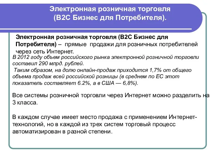 Электронная розничная торговля (B2C Бизнес для Потребителя). Электронная розничная торговля