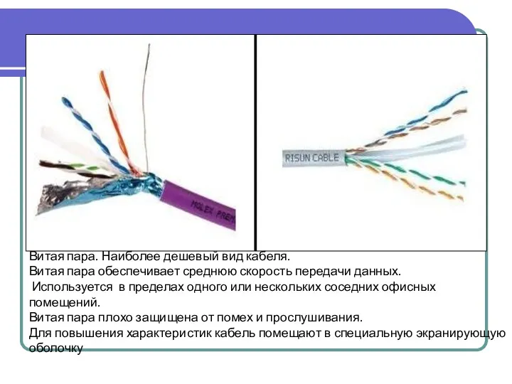 Витая пара. Наиболее дешевый вид кабеля. Витая пара обеспечивает среднюю