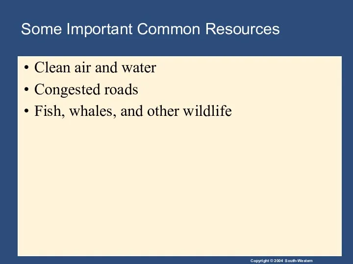 Some Important Common Resources Clean air and water Congested roads Fish, whales, and other wildlife