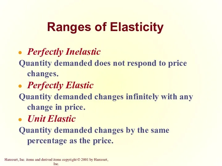 Ranges of Elasticity Perfectly Inelastic Quantity demanded does not respond