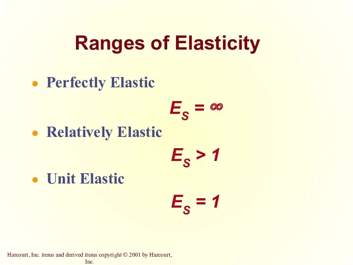 Ranges of Elasticity Perfectly Elastic ES = ∞ Relatively Elastic