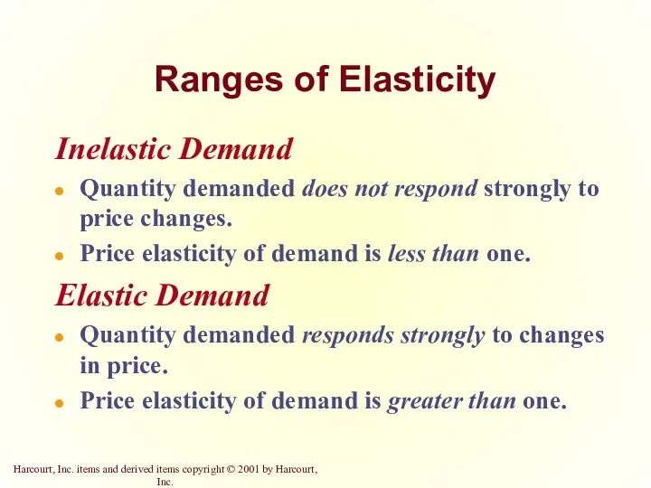 Ranges of Elasticity Inelastic Demand Quantity demanded does not respond