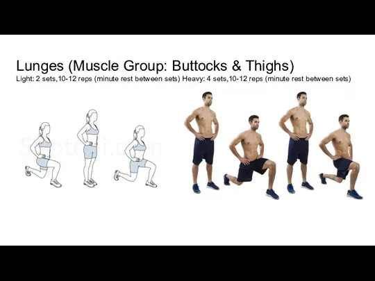 Lunges (Muscle Group: Buttocks & Thighs) Light: 2 sets,10-12 reps