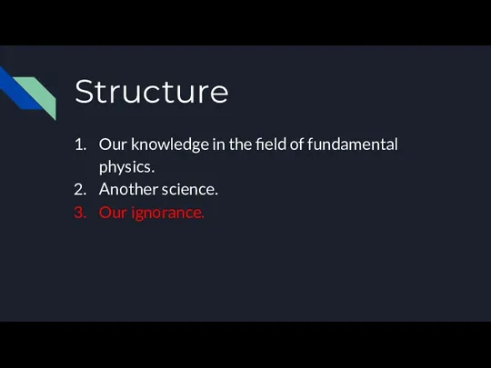 Structure Our knowledge in the field of fundamental physics. Another science. Our ignorance.