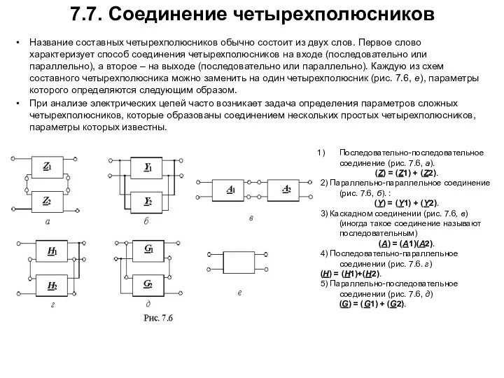 7.7. Соединение четырехполюсников Название составных четырехполюсников обычно состоит из двух