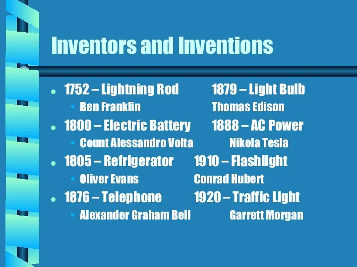 Inventors and Inventions 1752 – Lightning Rod 1879 – Light