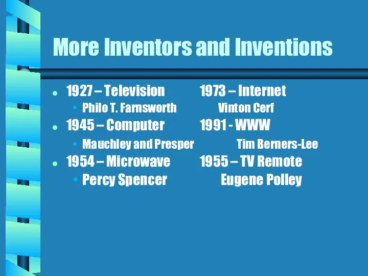 More Inventors and Inventions 1927 – Television 1973 – Internet