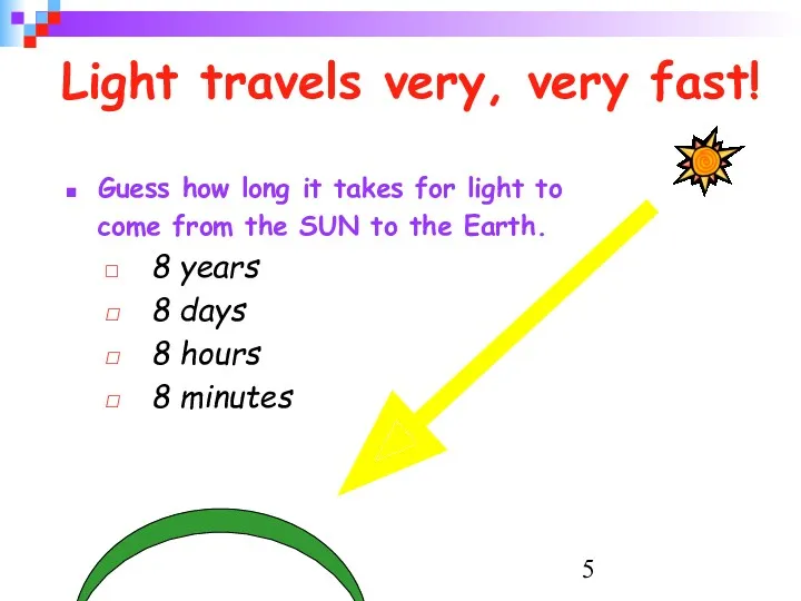 Light travels very, very fast! Guess how long it takes