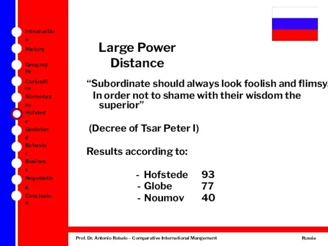 Large Power Distance “Subordinate should always look foolish and flimsy. In order not