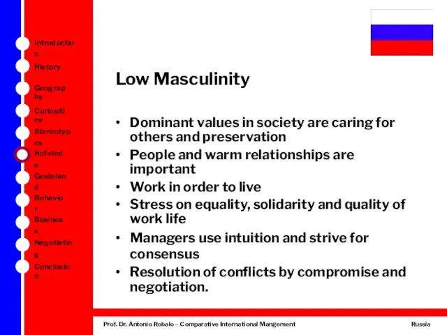 Low Masculinity Dominant values in society are caring for others and preservation People