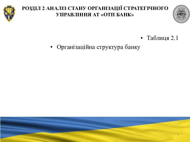 РОЗДІЛ 2 АНАЛІЗ СТАНУ ОРГАНІЗАЦІЇ СТРАТЕГІЧНОГО УПРАВЛІННЯ АТ «ОТП БАНК» Таблиця 2.1 Організаційна структура банку