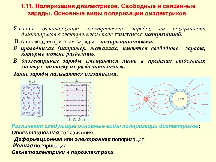 1.11. Поляризация диэлектриков. Свободные и связанные заряды. Основные виды поляризации