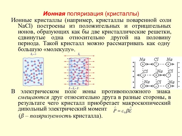 Ионная поляризация (кристаллы) Ионные кристаллы (например, кристаллы поваренной соли NaCl)