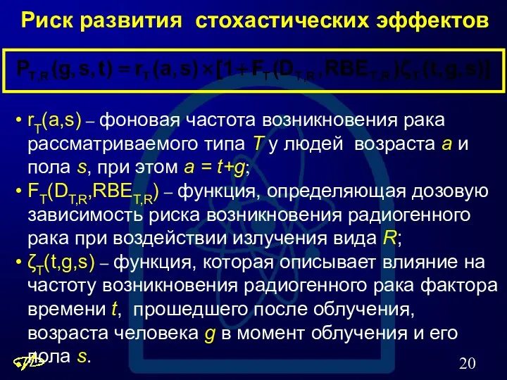 Риск развития стохастических эффектов rT(a,s) – фоновая частота возникновения рака