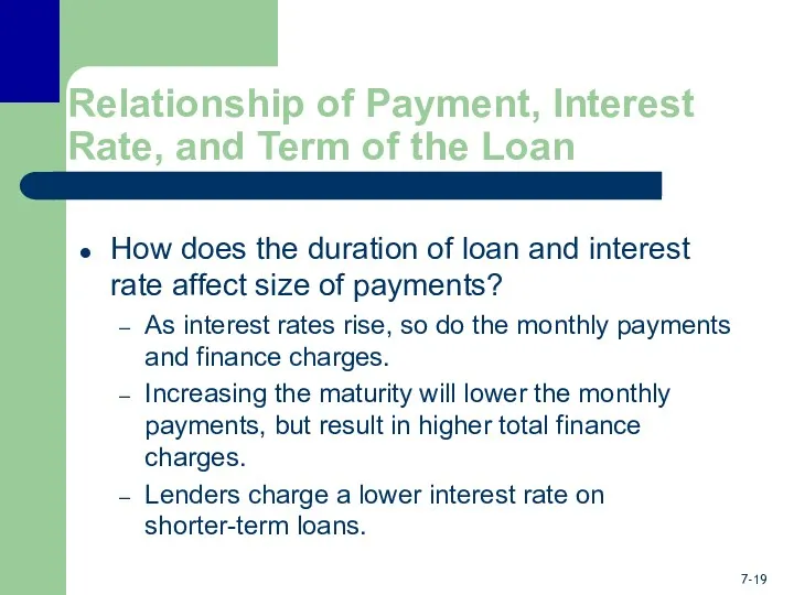 Relationship of Payment, Interest Rate, and Term of the Loan How does the