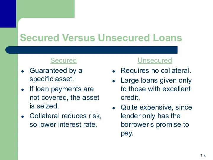 Secured Versus Unsecured Loans Secured Guaranteed by a specific asset. If loan payments