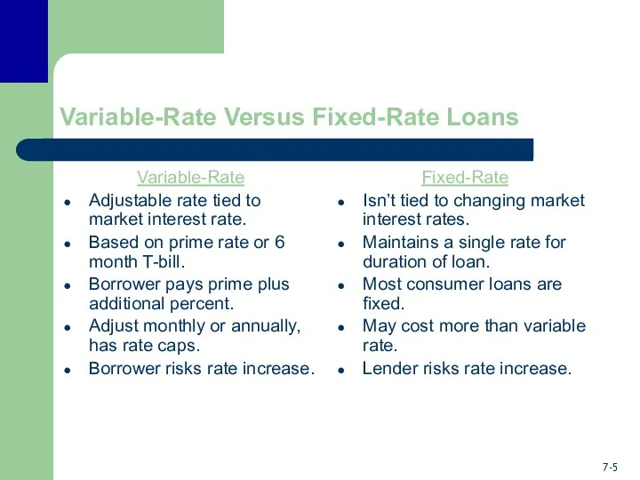 Variable-Rate Versus Fixed-Rate Loans Variable-Rate Adjustable rate tied to market interest rate. Based