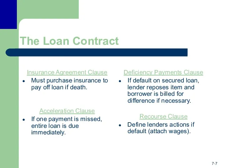 The Loan Contract Insurance Agreement Clause Must purchase insurance to pay off loan