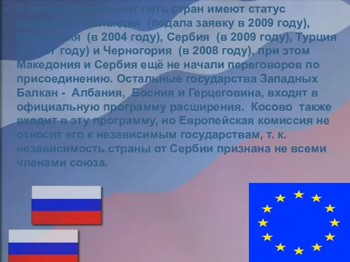 В настоящий момент пять стран имеют статус кандидата: Исландия (подала