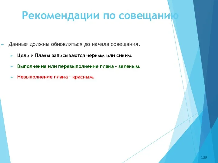 Рекомендации по совещанию Данные должны обновляться до начала совещания. Цели