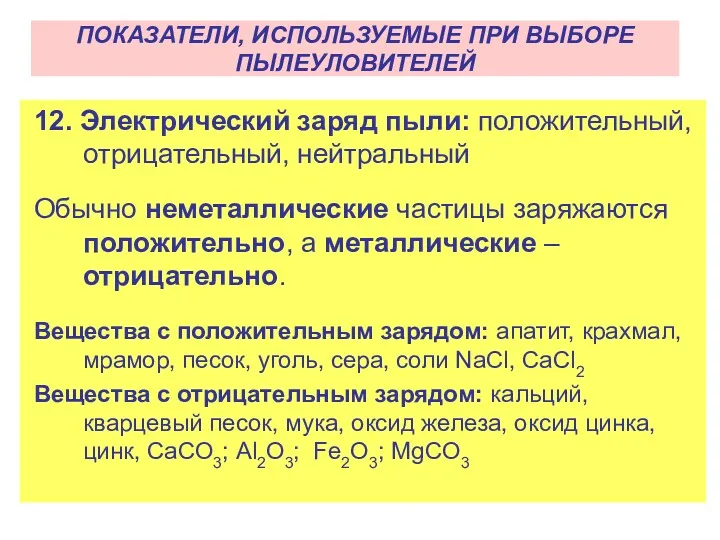 12. Электрический заряд пыли: положительный, отрицательный, нейтральный Обычно неметаллические частицы