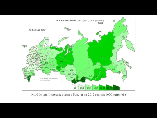 Коэффициент рождаемости в России на 2012 год (на 1000 жителей)