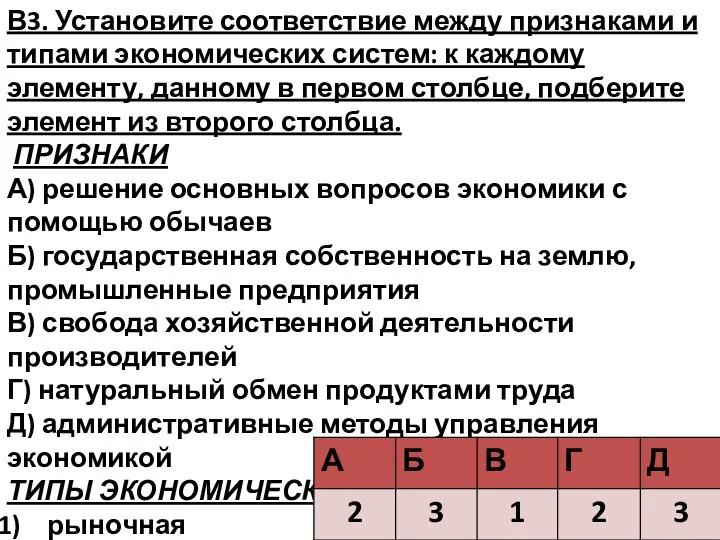 В3. Установите соответствие между признаками и типами экономических систем: к